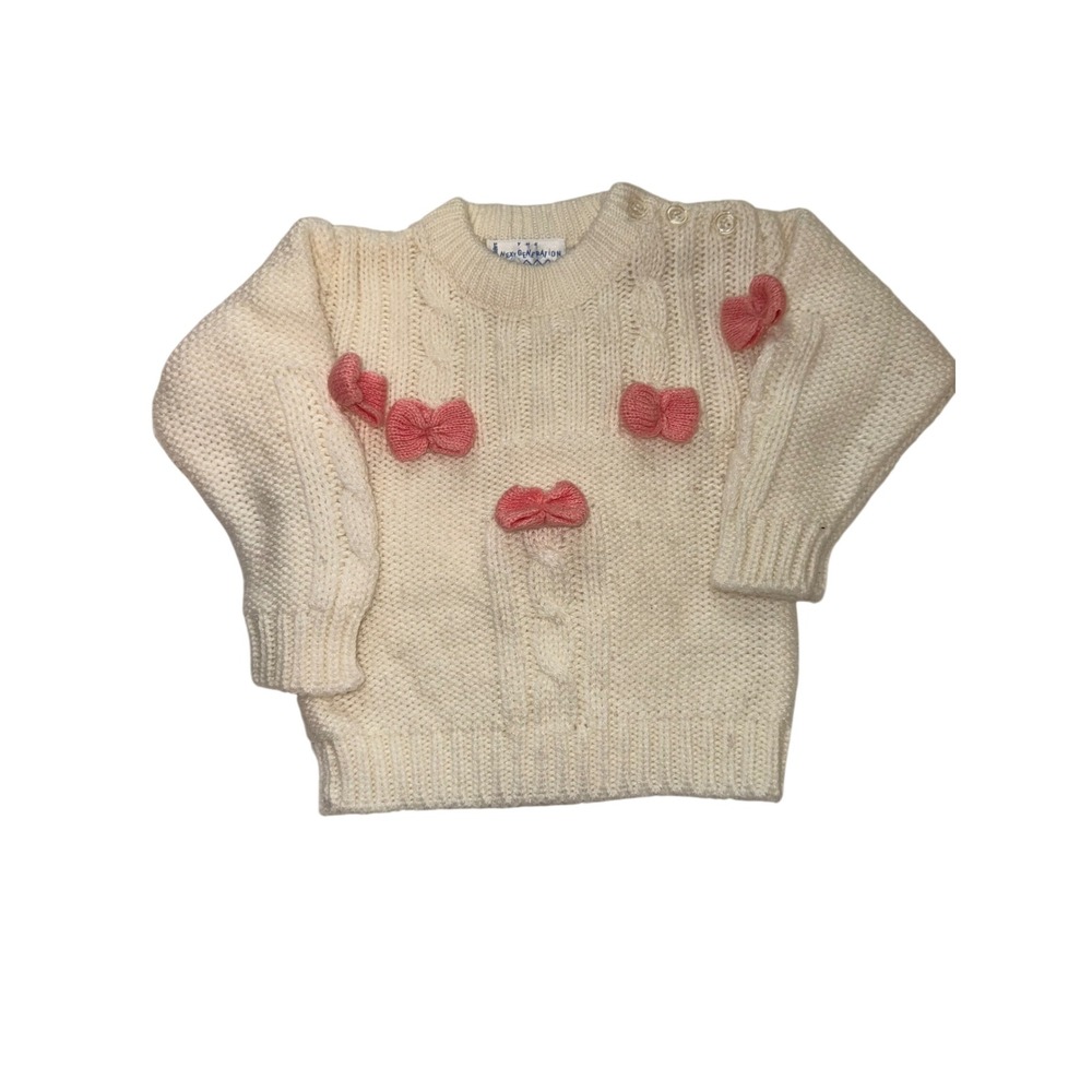 Vintage The Next Generation Baby Girl Cable Knit Bow Sweater Cream Pink 18M